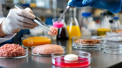 Gloved Hand Carefully Holds Lab Grown Meat Sample In Petra Dish Exploring Clean Meat Cell Based Meat For An Environmentally Friendly Alternative Protein Source, Backed By Scientific Innovation - Powered by Adobe