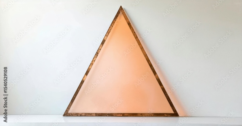 Poster Triangle artwork sits upon white shelf. Warm light emanates from within geometric shape, creating soft glow against neutral backdrop. Minimalist design.