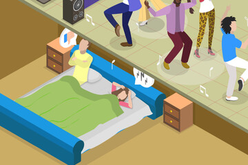 3D Isometric Flat Vector Illustration of Annoyed People Cannot Sleep, Loud Neighbors