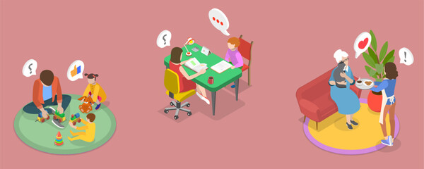 3D Isometric Flat Vector Illustration of Taking Care of Eldery and Kids, Scenes of Caregiver Services