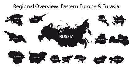 Silhouette Map Set of Eastern Europe and Eurasia Countries. SVG file.
