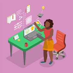 3D Isometric Flat Vector Illustration of Online Courses Application, Student Engaging In E-Learning With Tablet, Interacting With Virtual User Interface
