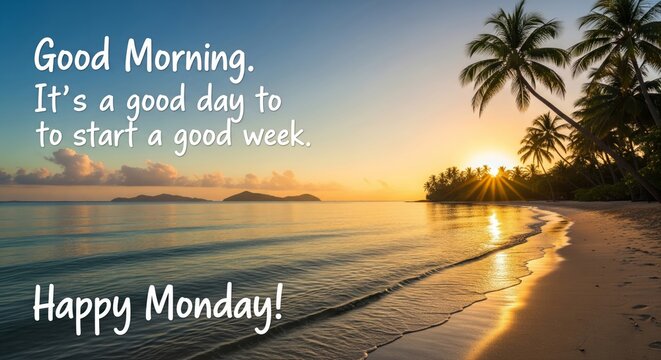 Happy Monday Morning Inspirational Quote with Beach Sunrise