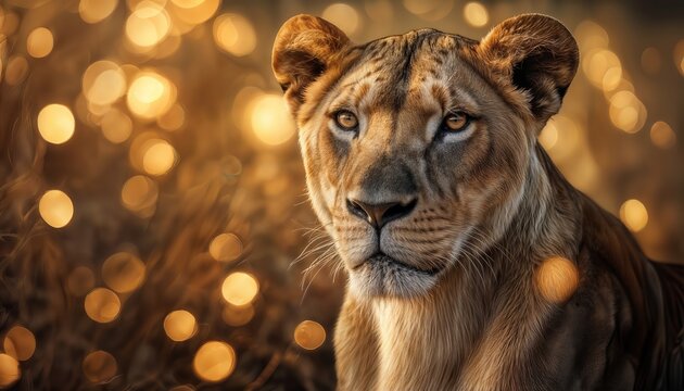 a captivating portrait of a lioness with intense golden eyes against a blurred background of warm bokeh lights.