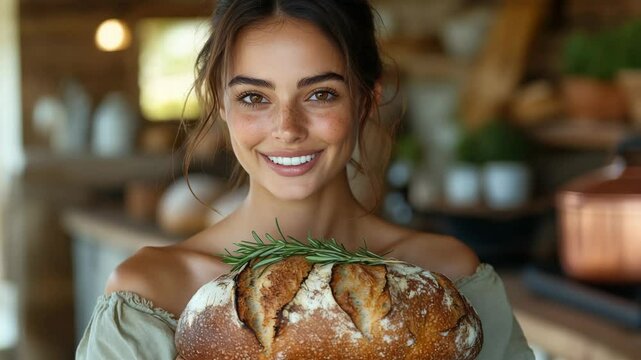A portrait of a charming baker with a beautiful smile proudly presenting a homemade artisanal sourdough bread loaf.