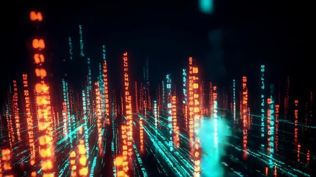 A cinematic journey through a futuristic digital landscape of glowing data streams and matrix computer code.