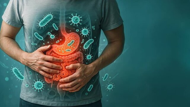 Transparent male body with hand on stomach in pain and virus cells around it, highlighting stomach ache, stomach pain, and digestive problem concept