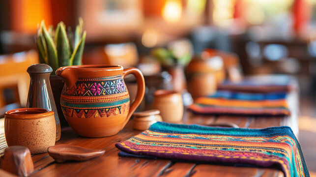 Traditional Mexican table with colorful textiles and ceramics, celebrating rich cultural heritage in a cozy setting