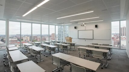 Modern classroom setup with city view and empty seats - Powered by Adobe
