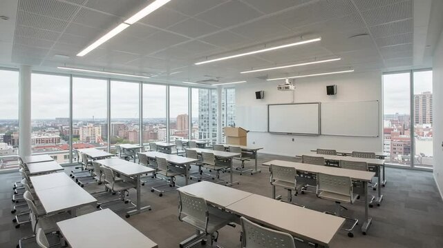 Modern classroom setup with city view and empty seats - Powered by Adobe