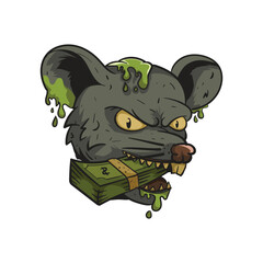 vector illustration of rat head biting money, corruption and isolated on white background