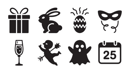 Black Silhouette Icons Set Gift Rabbit Egg Mask Champagne Cupid Ghost Calendar