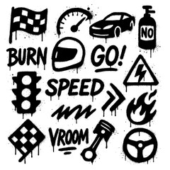 Street Racing & Drift Icons – Spray Paint Style Transparent PNG Symbols