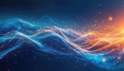 Fototapeta premium a vibrant digital wave of blue and orange particles flows across a dark, speckled background creating a dynamic and futuristic visual effect.
