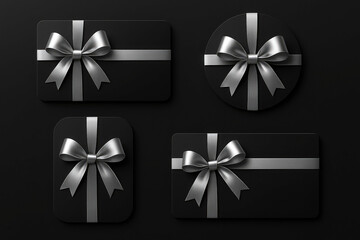 A bold and modern collection of digital gift cards featuring matte black backgrounds contrasted with sleek platinum silver ribbons