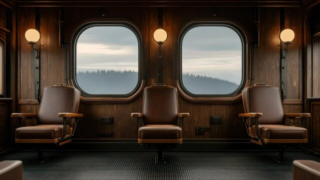 Cozy wooden train carriage interior with plush seating and scenic view through large windows under soft lighting 4k video footage