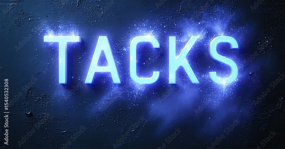 Poster bright text reads tacks against dark blue textured background. glowing light emanates from letters, 