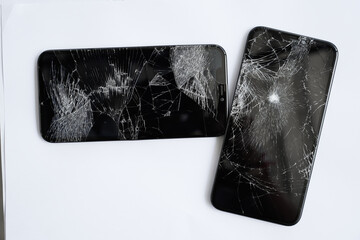 Broken mobile phone screen, cracked screen, cut lines, damaged smartphone monitor, broken mobile...