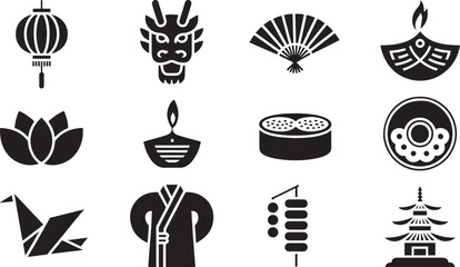 Ten Black Silhouette Asian Culture Icons White Background