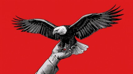 Naklejka premium The eagle perched on the hand represents the power in the hand.