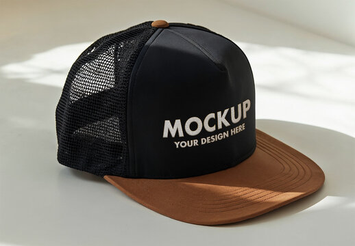 Trucker cap mockup with Embroidered Text Effect on Sunlit Surface