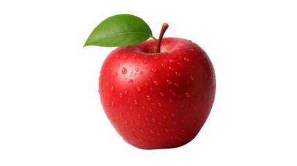 Fresh Red Apple with Leaf and Water Droplets Isolated on White Background