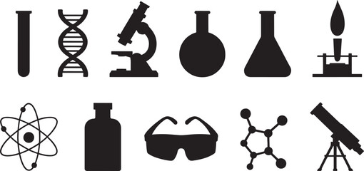 Obraz premium Ten Black Silhouette Science Icons Set white