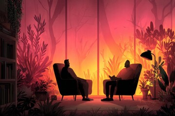 Naklejka premium Two people are sitting in chairs in a room with a lot of plants. Private chat concept