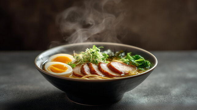 Hot Tonkotsu Ramen with Chashu Pork and Egg, perfect for Japanese restaurant menus, food blogs, Asian cuisine promotions, cooking articles, hearty, and authentic comfort food - Powered by Adobe