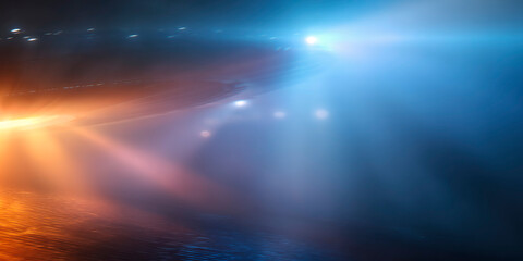 Obraz premium Abstract sci-fi background with glowing blue and orange lights reflecting on a glossy surface in a foggy futuristic environment