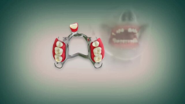 Installation of partial denture into the jaw bone.Medically approved 3D prosthodontic conceptual animation.
           