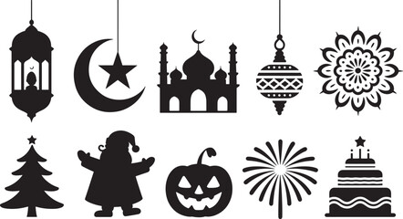 Ten Festive Black Silhouettes Holiday Symbols vector