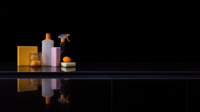 Arrangement of cleaning essentials on a reflective black surface featuring a yellow sponge, glass jar with lemons, white bottle, pink sponge, spray bottle, orange fruit, and blue-yellow sponge.