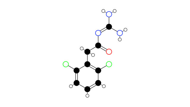 guanfacine molecule, structural chemical formula, ball-and-stick model, isolated image antihypertensive agent