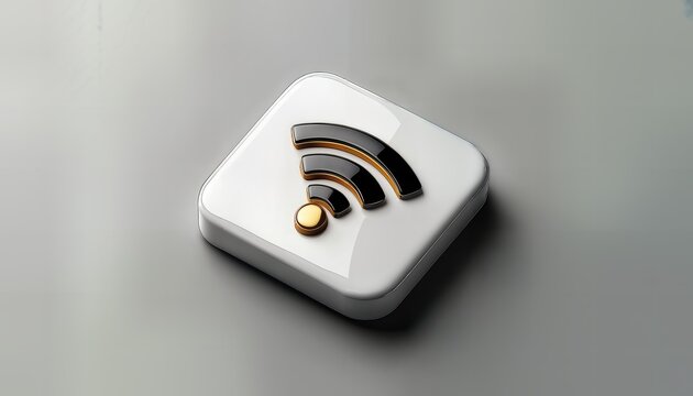 a glossy white square button features a stylized black and gold wifi symbol casting a soft shadow on a neutral gray background.