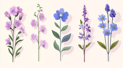 Obraz premium Vector set of spring flowers in purple and blue colors, sticker design with shadows isolated on white background.