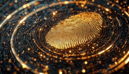 a glowing fingerprint centered within concentric rings of data streams and digital circuitry creates a futuristic and symbolic representation of identity and technology.