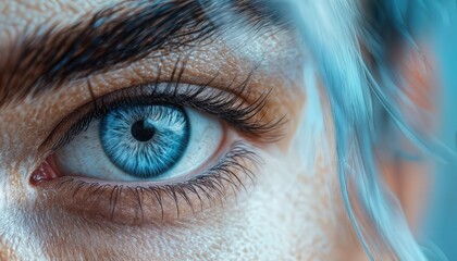 Fototapeta premium a striking close-up captures a vibrant blue eye framed by dark eyebrows and a blurred background of turquoise and peach hues.