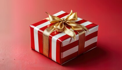 Obraz premium a beautifully wrapped gift box with red and white stripes and a golden ribbon bow sits against a vibrant red background.