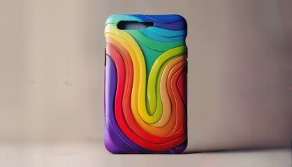 Fototapeta premium a vibrant, layered rainbow design covers this sleek phone case presented against a soft, neutral backdrop.
