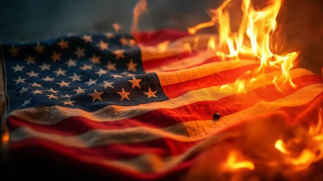 American flag burning close-up, flames curling around fabric, dark smoky background, powerful and emotional scene.