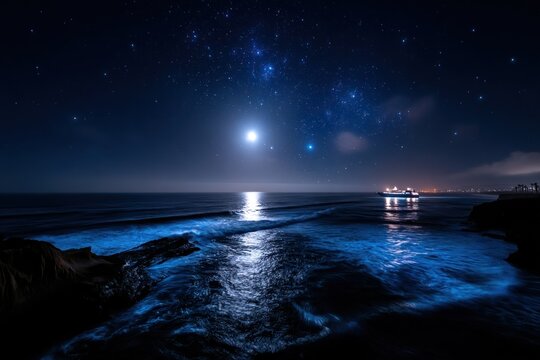 Night seascape with moonlit waves and stars