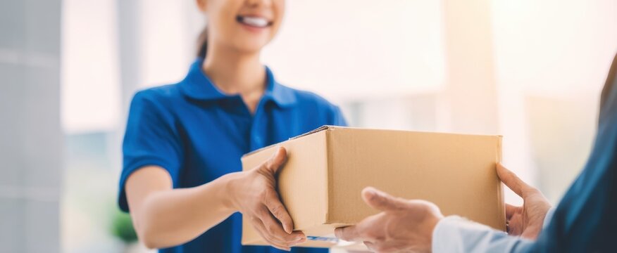 The woman delivering a package with a smile in a professional setting