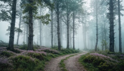Obraz premium a winding path disappears into a misty forest of tall, slender trees with a carpet of purple heather along the edges.
