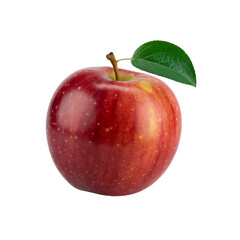 Crimson Apple in Isolation: A close-up shot of a perfectly ripe, radiant red apple, a crisp green leaf perched atop. A visual invitation to experience the essence of nature's bounty.