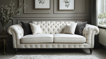 Elegant tufted sofa with decorative pillows in stylish living room