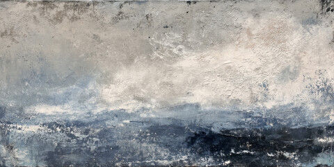 Abstract dark blue textured seascape painting, neutral tones, textured canvas. Oil painting with palette knife strokes