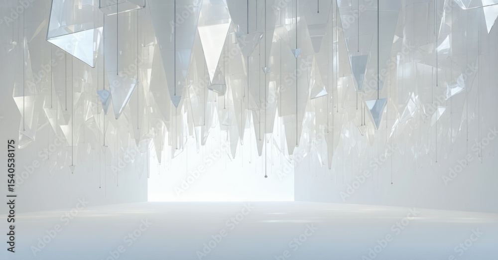 Poster minimalist installation. hanging geometric shapes create ethereal space, bright light emphasizes abs