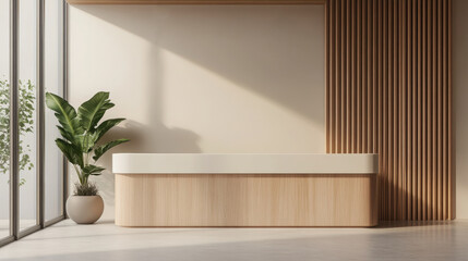 Reception counter mockup Minimalist style front interior registration copy space desk design indoor decoration front view wood material monitor green plant decor