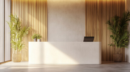 Reception counter mockup Minimalist style front interior registration copy space desk design indoor decoration front view White counter material monitor green plant decoration